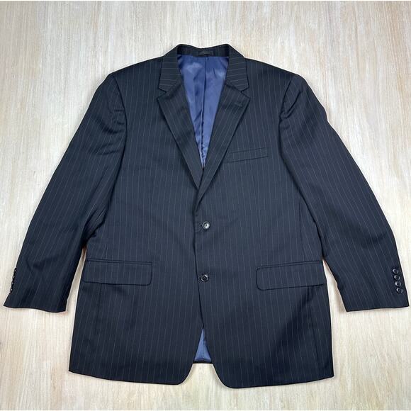 Andrew Fezza Black Pin Striped 100% Worsted Wool Two Button Blazer Jacket 44R - Picture 1 of 14